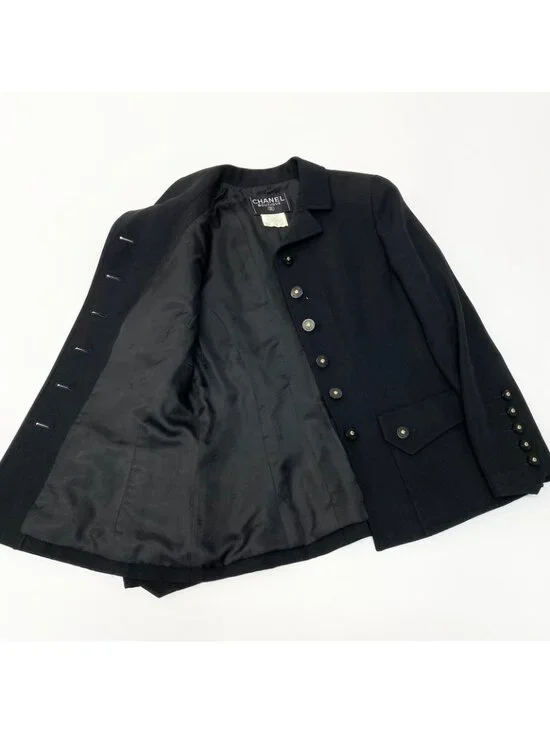 Chanel C Vintage Skirt Set Tailored Jacket 40 Black Silk - Picture 7 of 11